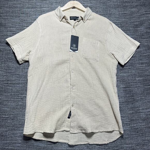 Molokai Surf Co. Shirt Men's L Beige Short Sleeve Button Up - Picture 2 of 14
